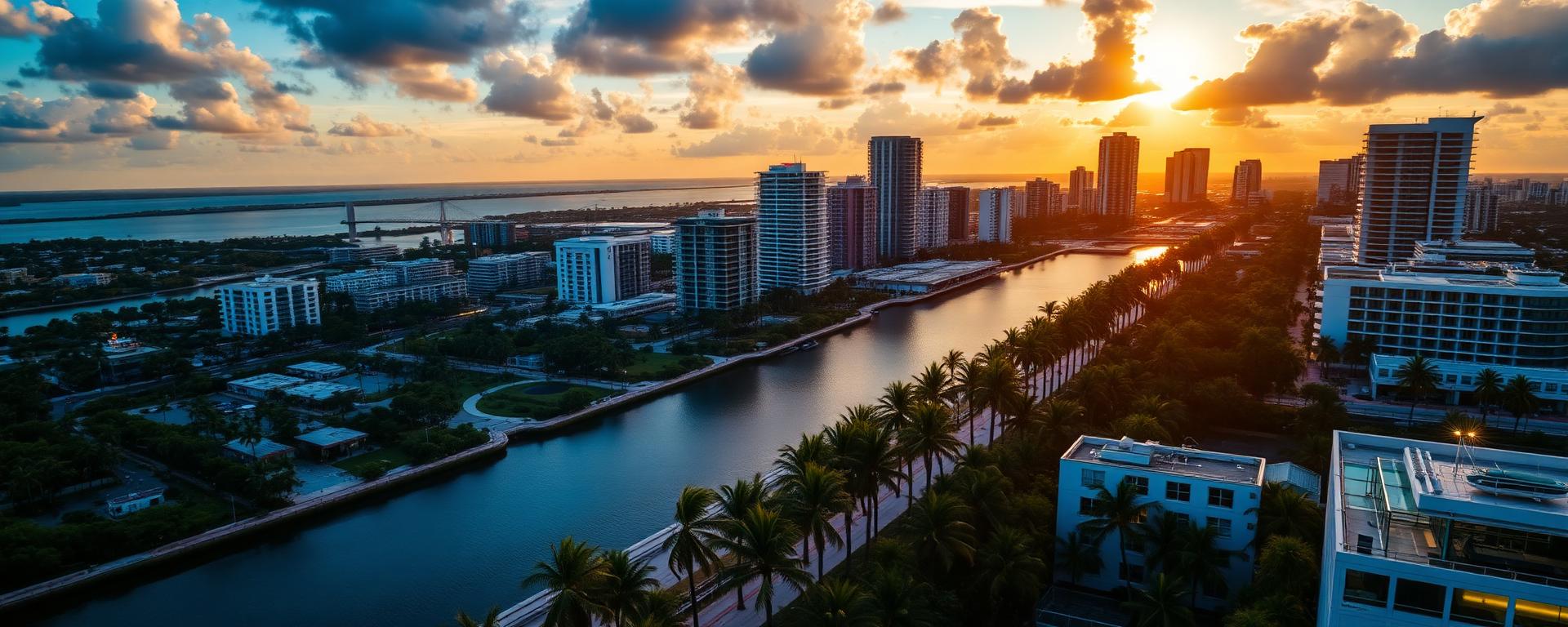 Aerial view of Broward County, Florida at golden hour